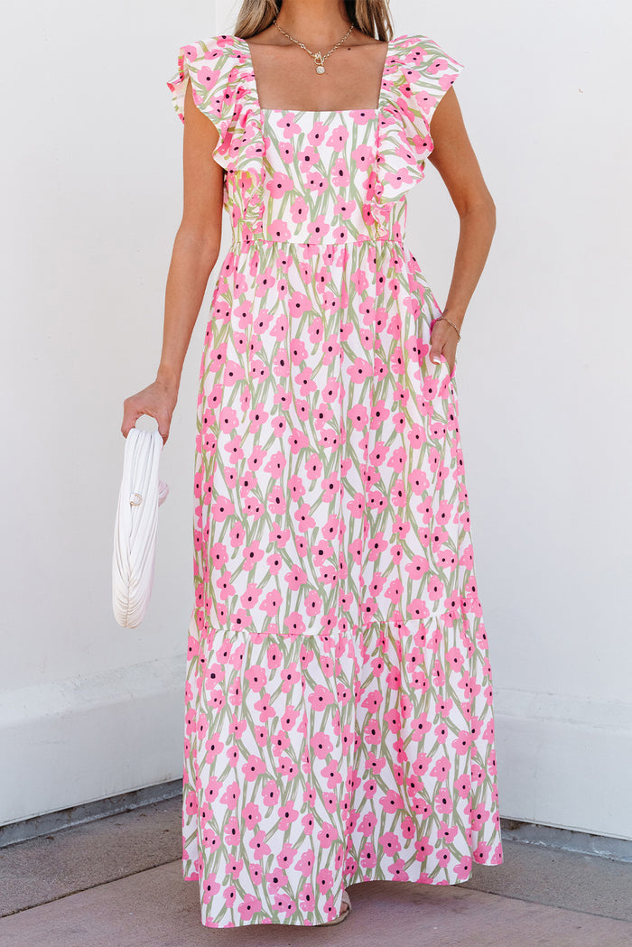 Pink Floral Print Square Neck Ruffled Strap Maxi Dress 🇺🇸