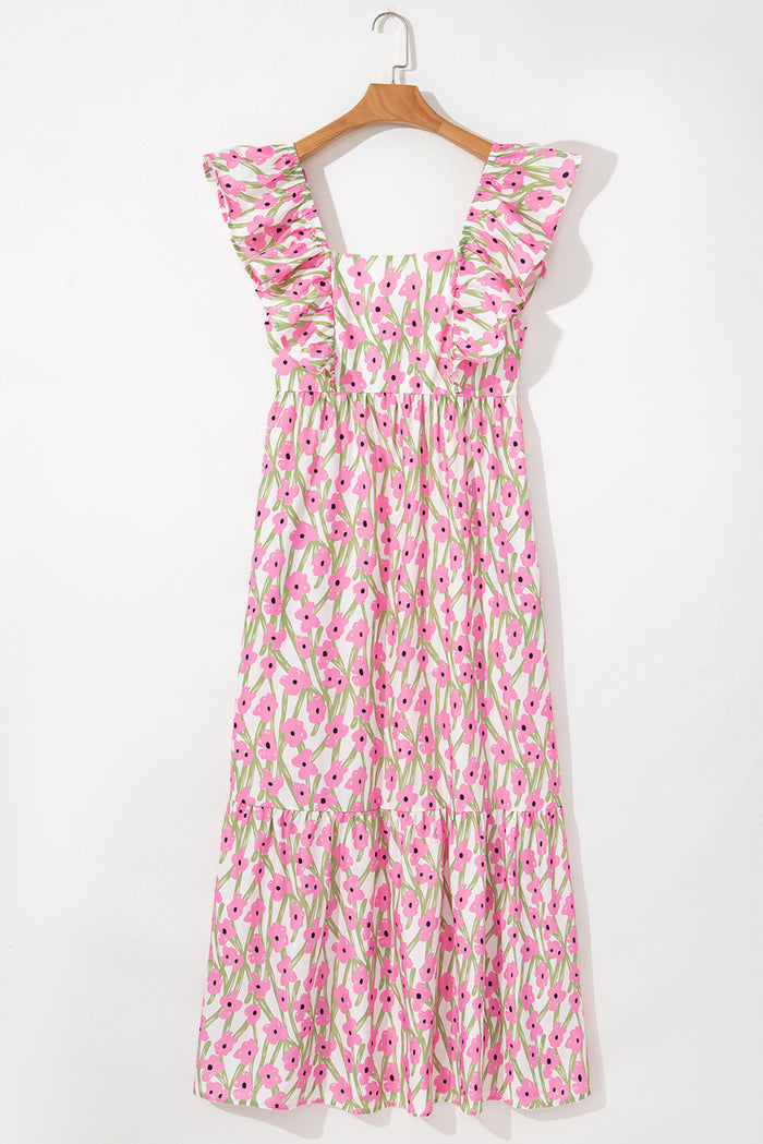 Pink Floral Print Square Neck Ruffled Strap Maxi Dress 🇺🇸