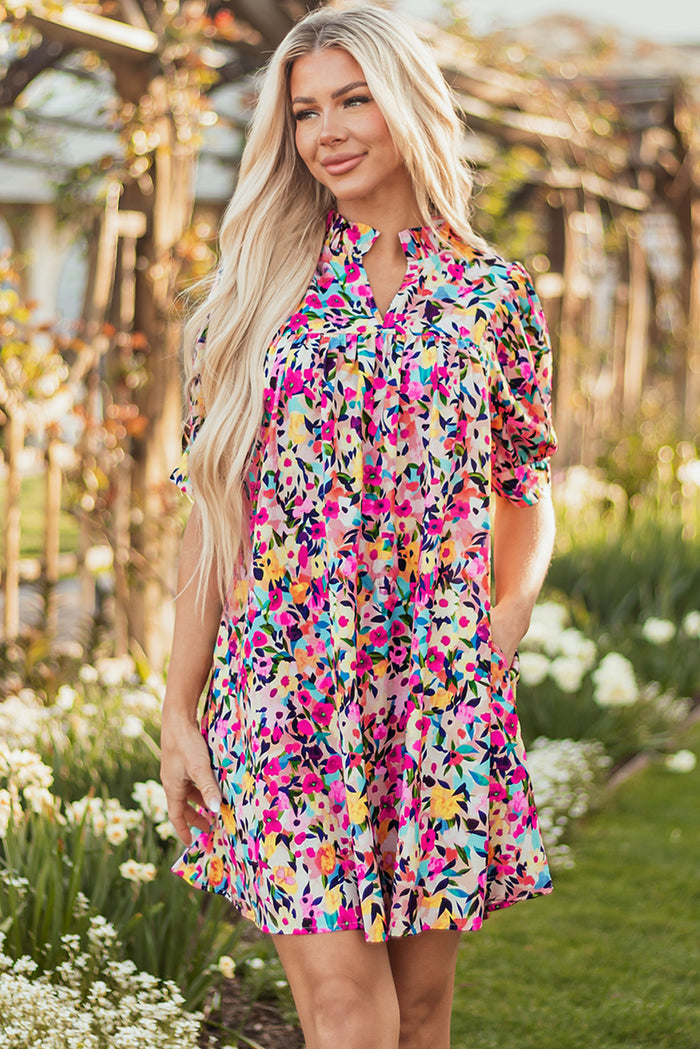 Pink Floral Puff Short Sleeve V Neck Mini Dress 🇺🇸