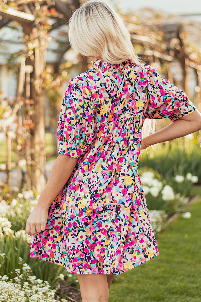 Pink Floral Puff Short Sleeve V Neck Mini Dress 🇺🇸