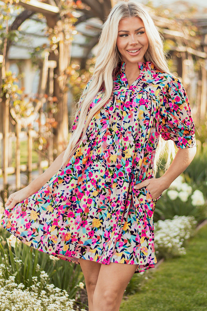 Pink Floral Puff Short Sleeve V Neck Mini Dress 🇺🇸
