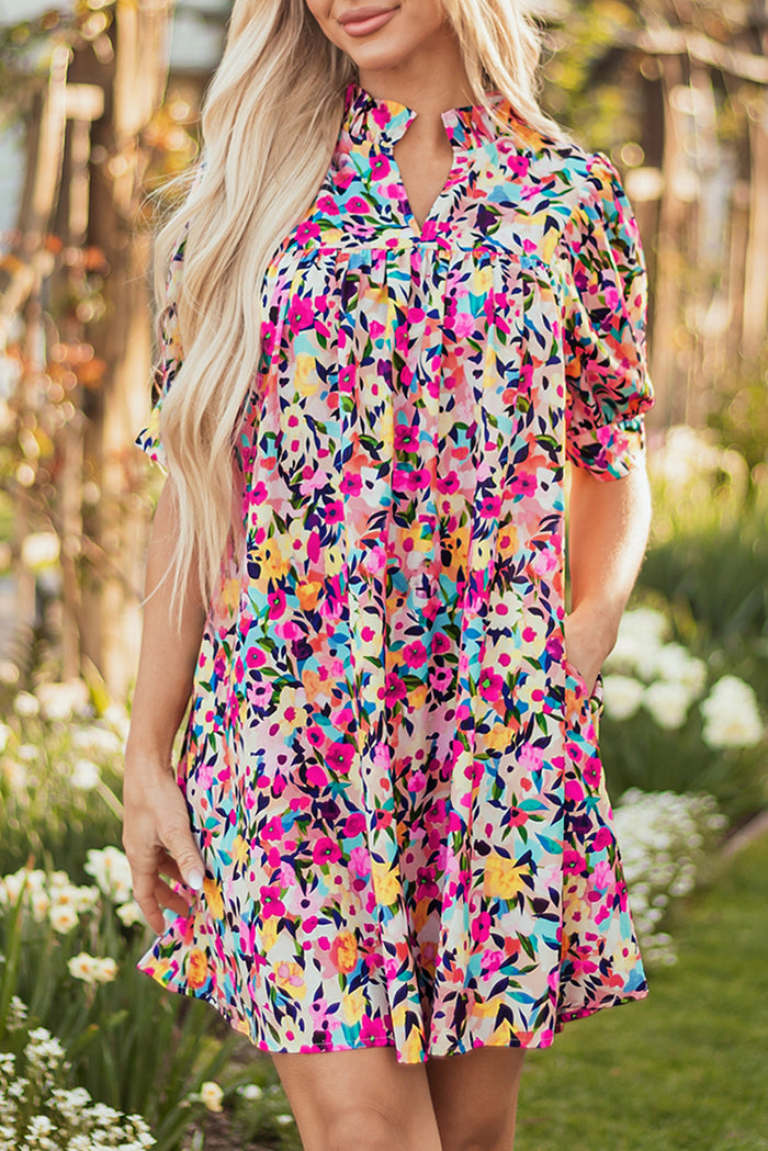 Pink Floral Puff Short Sleeve V Neck Mini Dress 🇺🇸