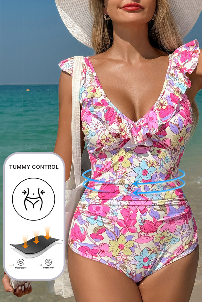 Pink Floral Ruffle Trim V Neck Lace-up Back Tummy Control One Piece Swimsuit 🇺🇸