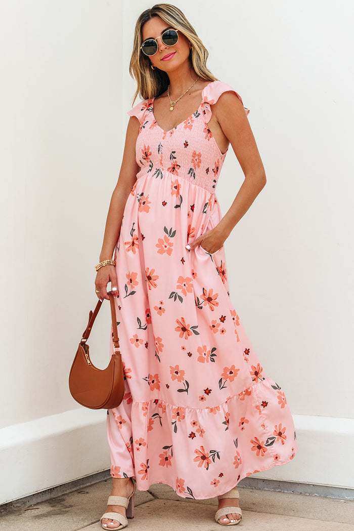 Pink Floral V Neck Smocked High Waist Ruffle Hem Long Dress 🇺🇸