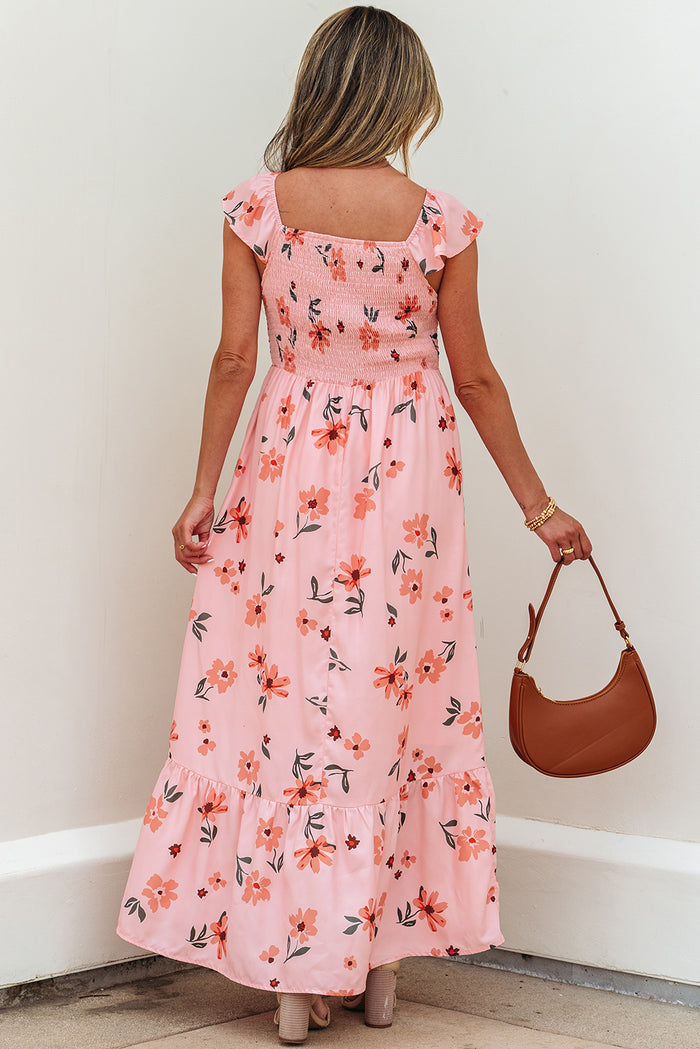 Pink Floral V Neck Smocked High Waist Ruffle Hem Long Dress 🇺🇸
