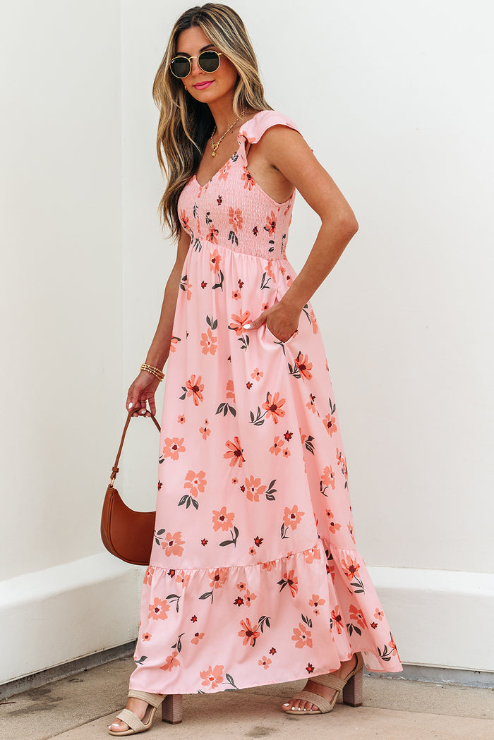 Pink Floral V Neck Smocked High Waist Ruffle Hem Long Dress 🇺🇸