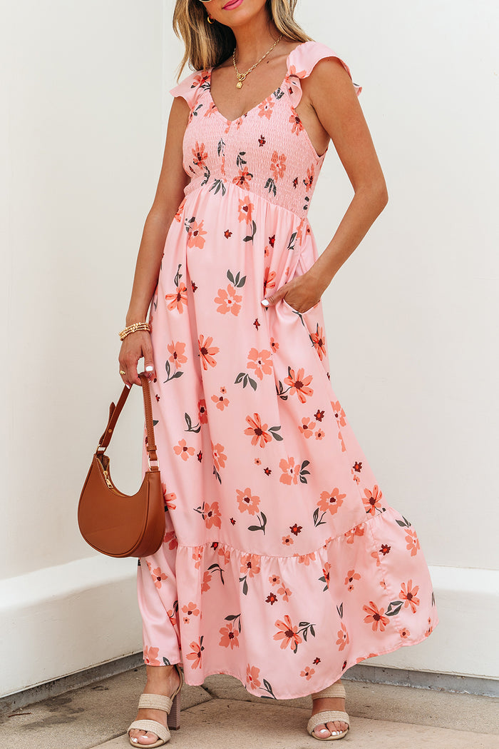 Pink Floral V Neck Smocked High Waist Ruffle Hem Long Dress 🇺🇸