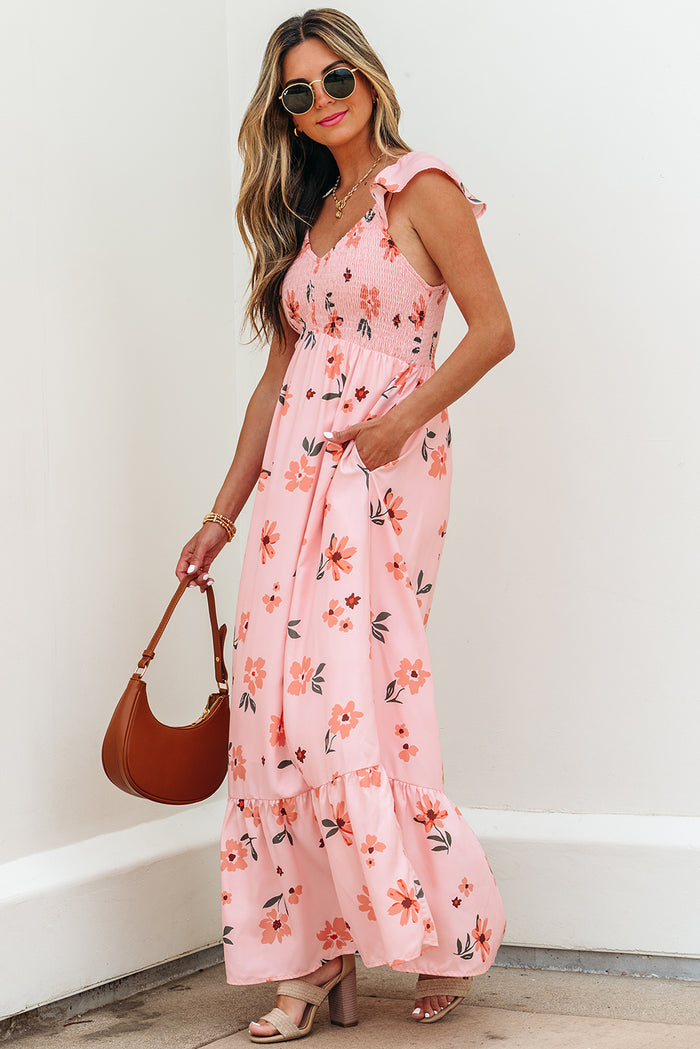 Pink Floral V Neck Smocked High Waist Ruffle Hem Long Dress 🇺🇸