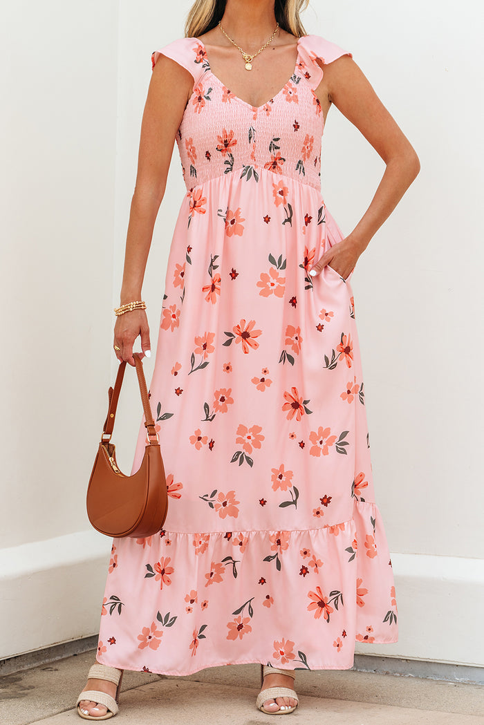 Pink Floral V Neck Smocked High Waist Ruffle Hem Long Dress 🇺🇸