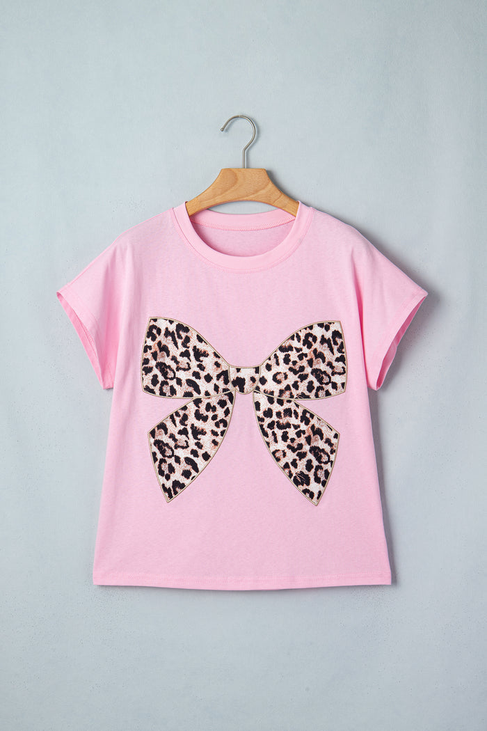 Pink Leopard Bow Embroidered Cotton Round Neck T Shirt 🇺🇸