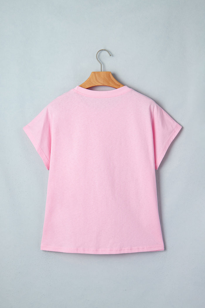Pink Leopard Bow Embroidered Cotton Round Neck T Shirt 🇺🇸