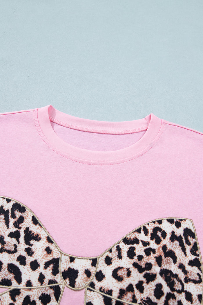 Pink Leopard Bow Embroidered Cotton Round Neck T Shirt 🇺🇸