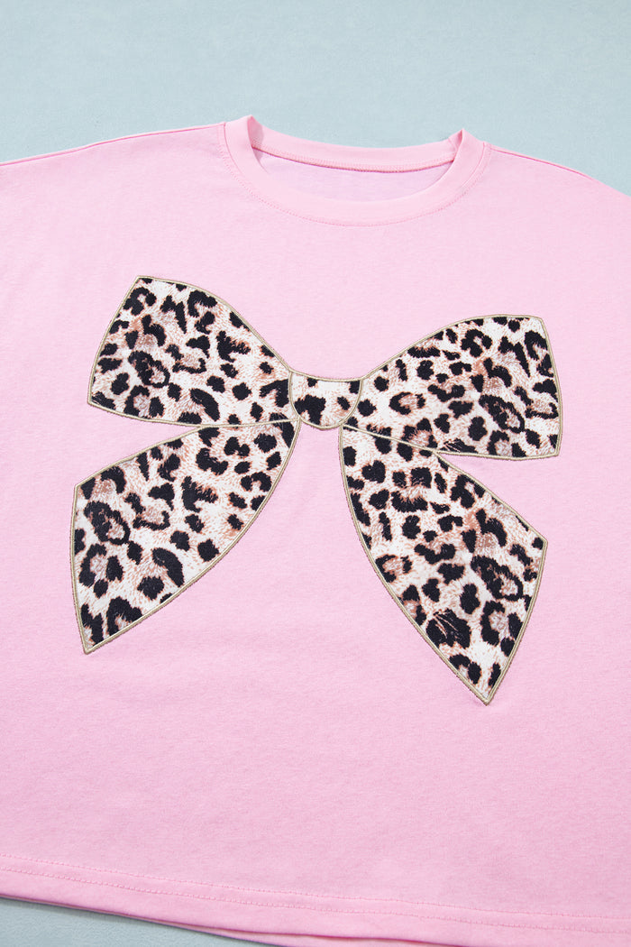 Pink Leopard Bow Embroidered Cotton Round Neck T Shirt 🇺🇸