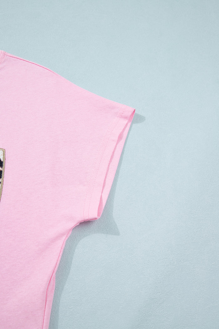 Pink Leopard Bow Embroidered Cotton Round Neck T Shirt 🇺🇸