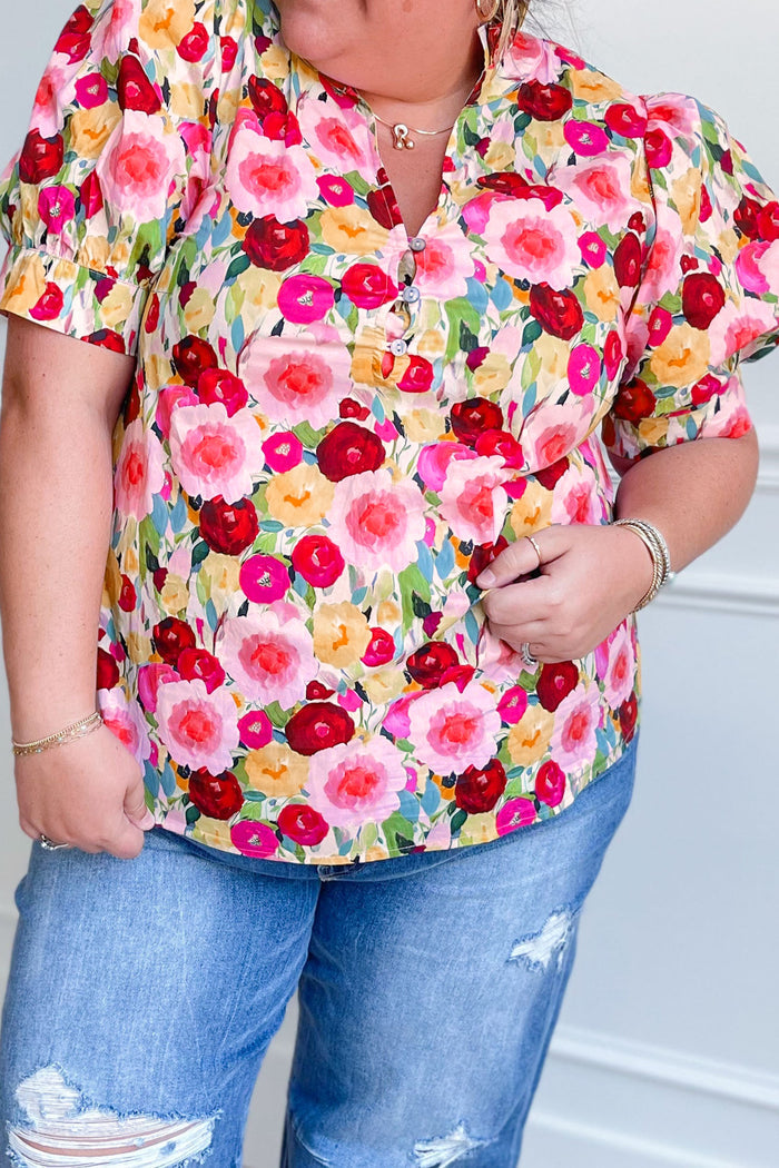 Pink Plus Size Flower Print Split V Neck Puff Short Sleeve Top 🇺🇸