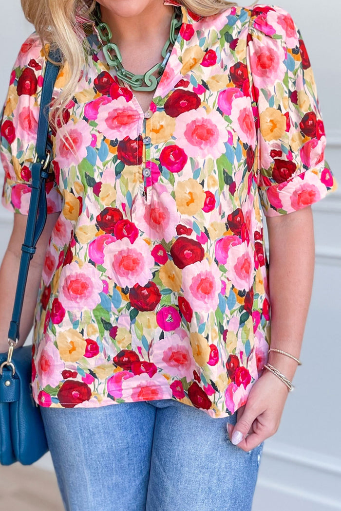 Pink Plus Size Flower Print Split V Neck Puff Short Sleeve Top 🇺🇸