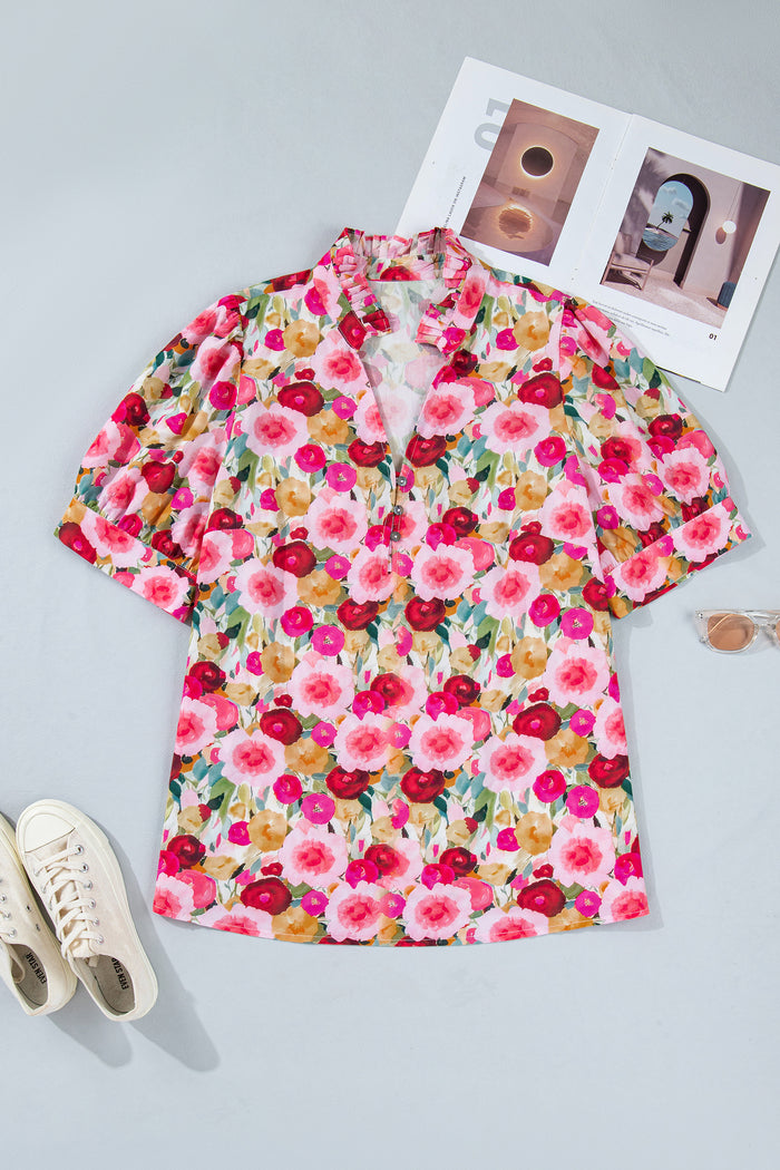 Pink Plus Size Flower Print Split V Neck Puff Short Sleeve Top 🇺🇸