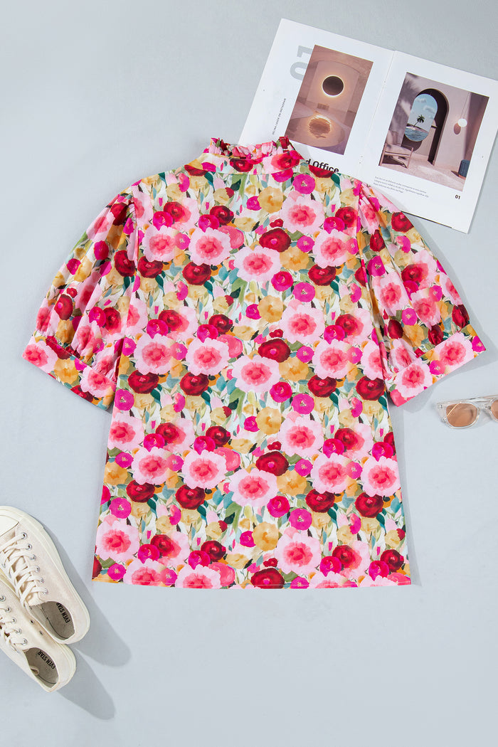 Pink Plus Size Flower Print Split V Neck Puff Short Sleeve Top 🇺🇸