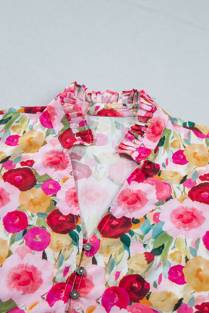 Pink Plus Size Flower Print Split V Neck Puff Short Sleeve Top 🇺🇸