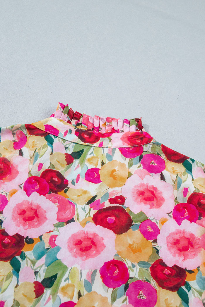 Pink Plus Size Flower Print Split V Neck Puff Short Sleeve Top 🇺🇸