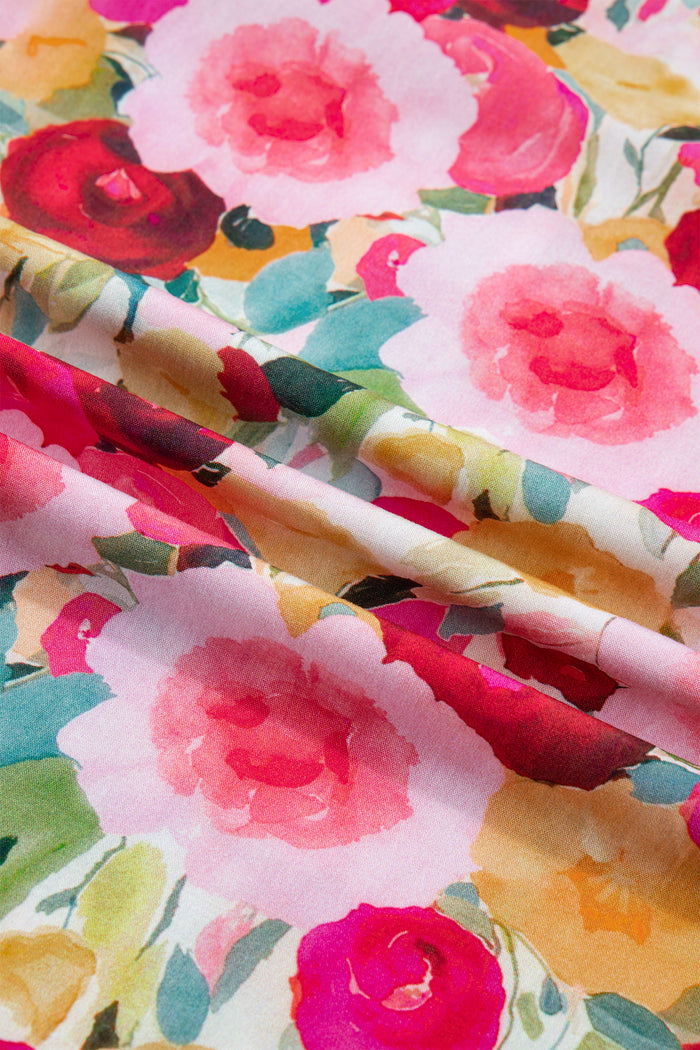 Pink Plus Size Flower Print Split V Neck Puff Short Sleeve Top 🇺🇸