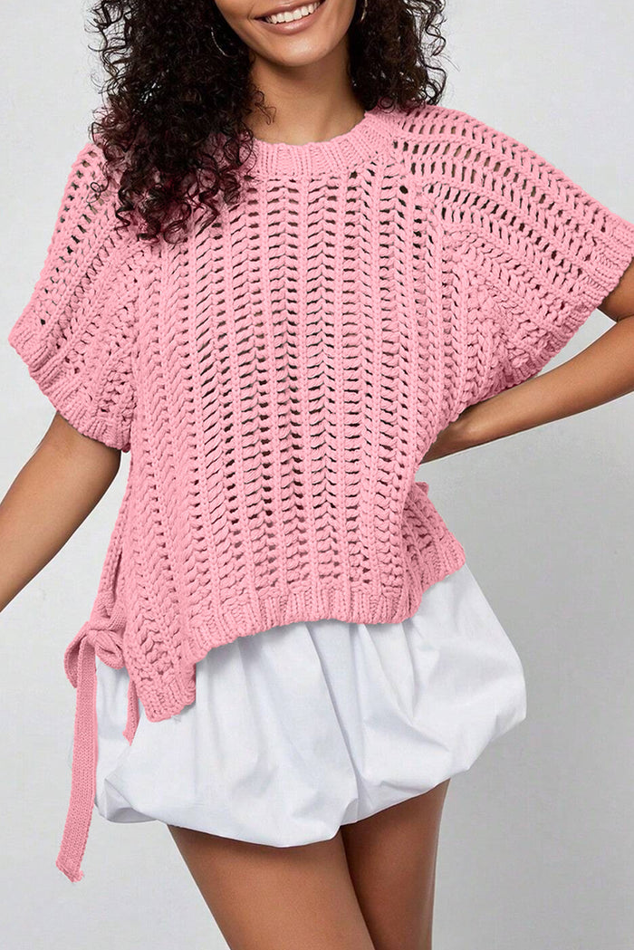 Pink Plus Size Open Knit Bow Tie Short Sleeve Sweater 🇺🇸