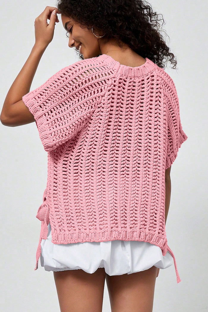 Pink Plus Size Open Knit Bow Tie Short Sleeve Sweater 🇺🇸