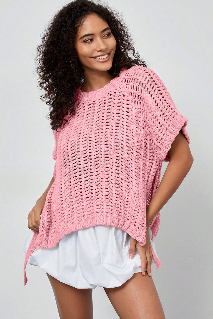 Pink Plus Size Open Knit Bow Tie Short Sleeve Sweater 🇺🇸