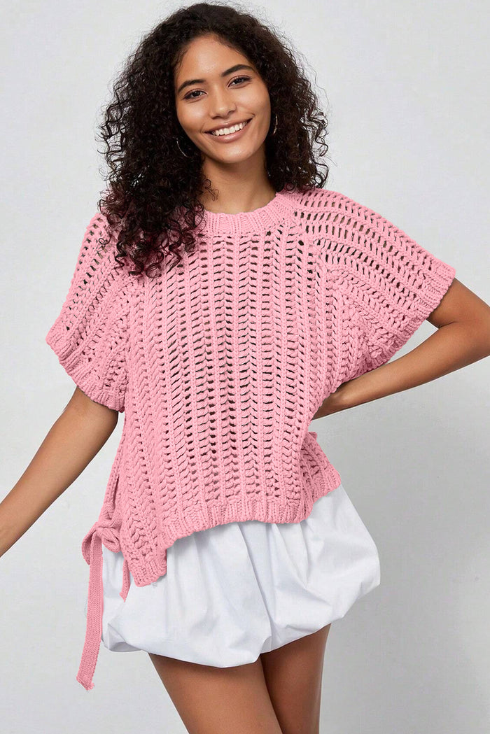 Pink Plus Size Open Knit Bow Tie Short Sleeve Sweater 🇺🇸