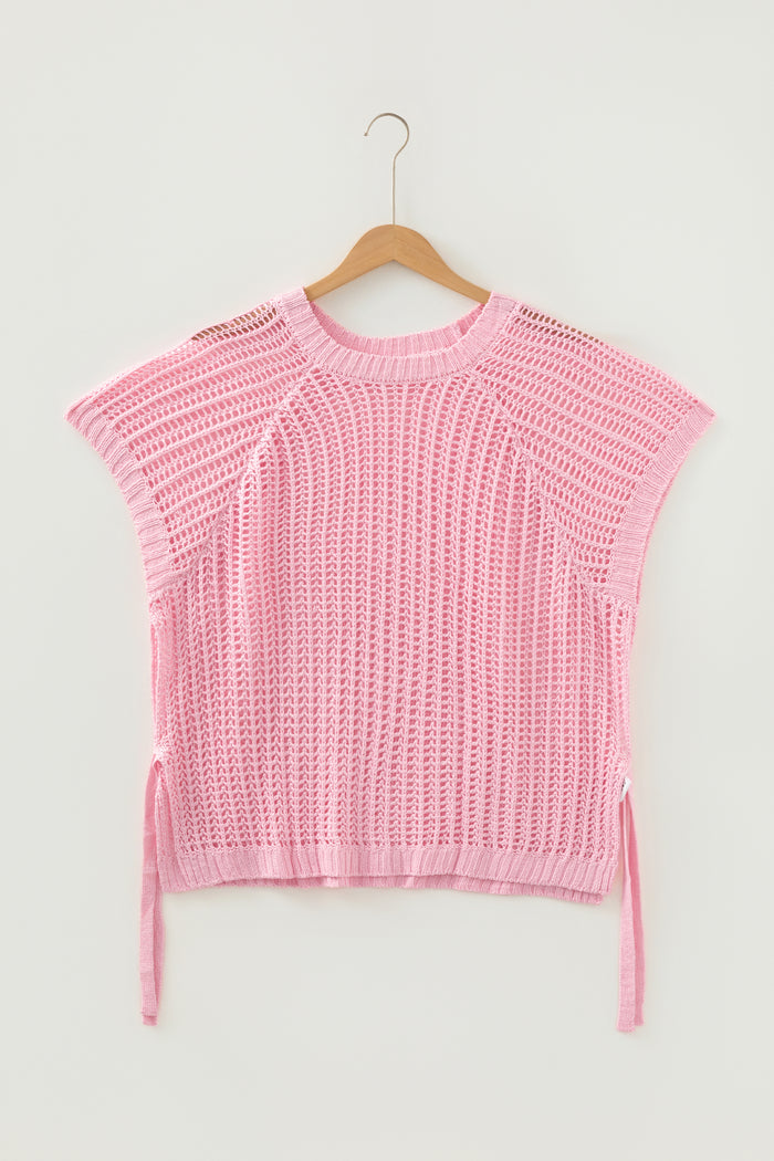 Pink Plus Size Open Knit Bow Tie Short Sleeve Sweater 🇺🇸