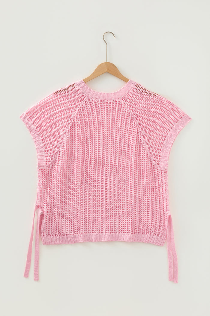 Pink Plus Size Open Knit Bow Tie Short Sleeve Sweater 🇺🇸