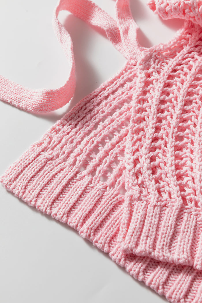 Pink Plus Size Open Knit Bow Tie Short Sleeve Sweater 🇺🇸