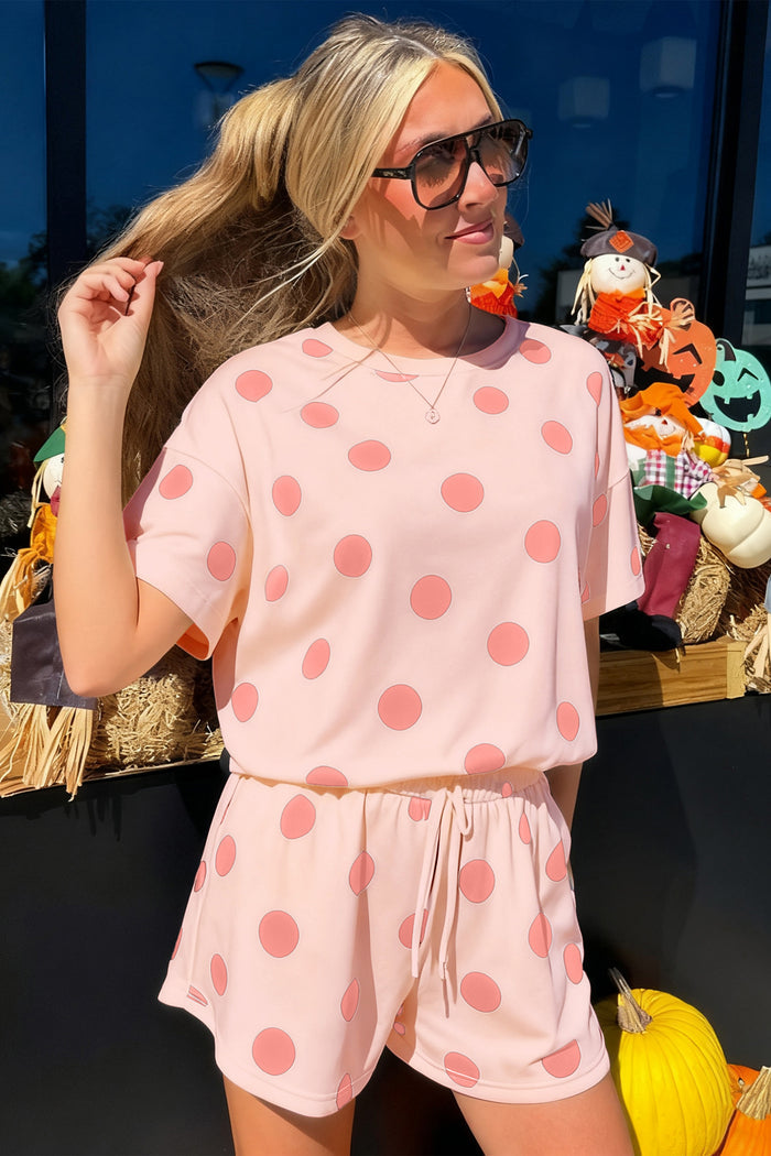 Pink Polka Dot Print Loose Tee Drawstring Elastic Waist Short Set 🇺🇸