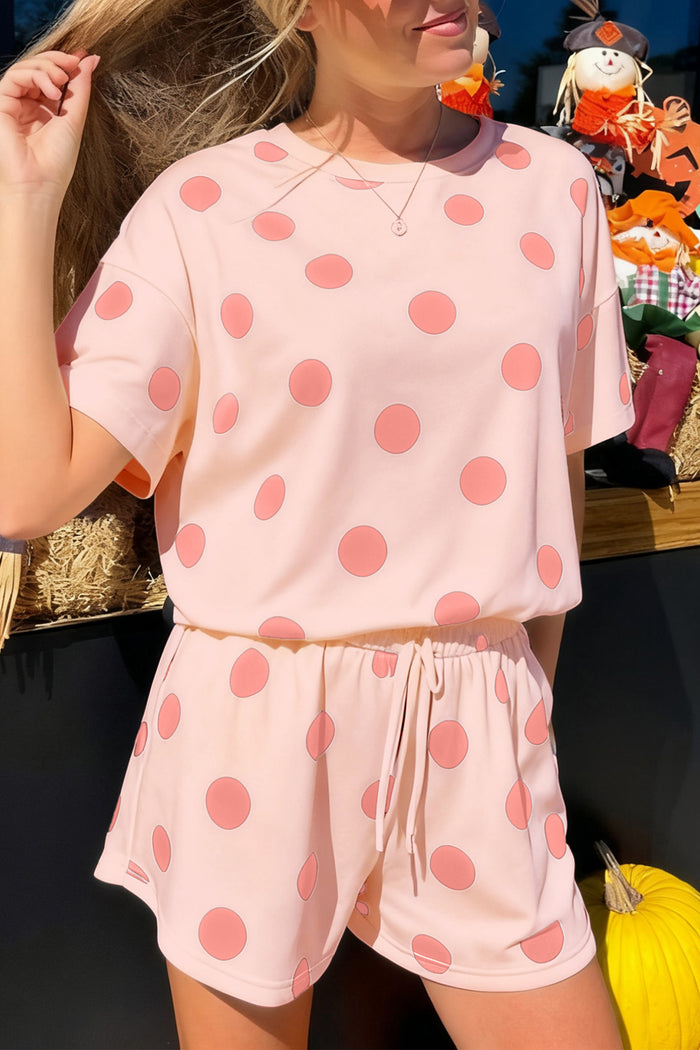 Pink Polka Dot Print Loose Tee Drawstring Elastic Waist Short Set 🇺🇸