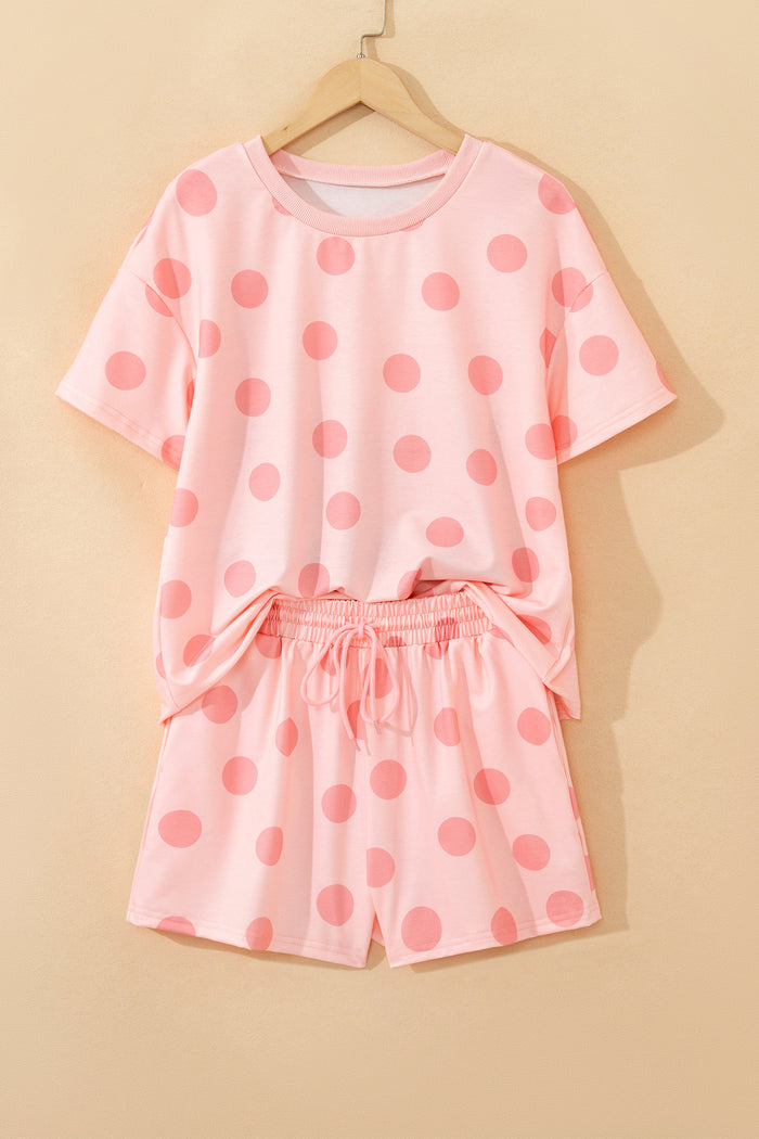 Pink Polka Dot Print Loose Tee Drawstring Elastic Waist Short Set 🇺🇸