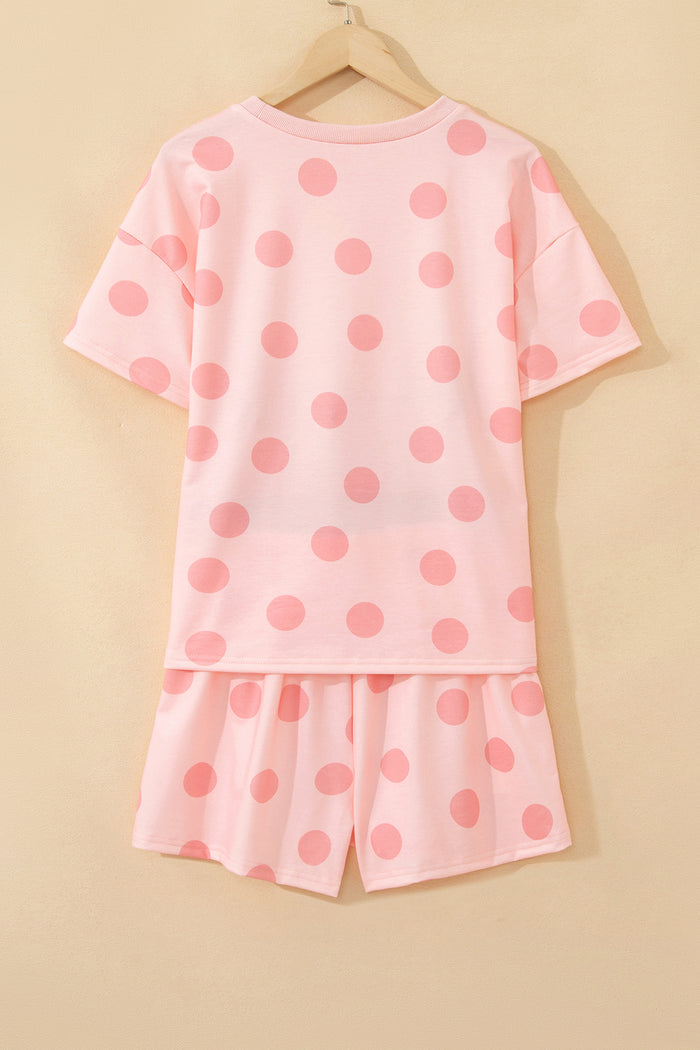 Pink Polka Dot Print Loose Tee Drawstring Elastic Waist Short Set 🇺🇸