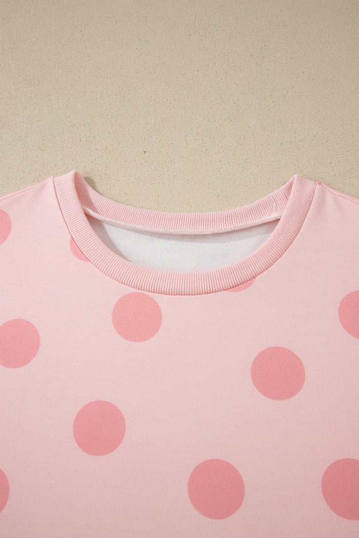 Pink Polka Dot Print Loose Tee Drawstring Elastic Waist Short Set 🇺🇸