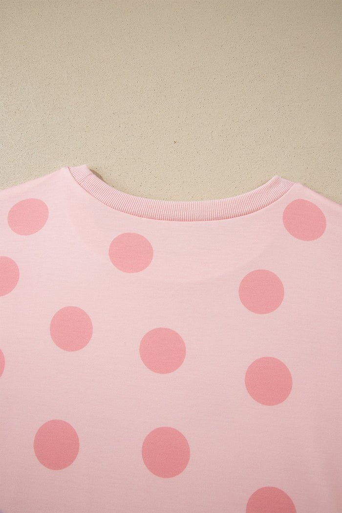 Pink Polka Dot Print Loose Tee Drawstring Elastic Waist Short Set 🇺🇸