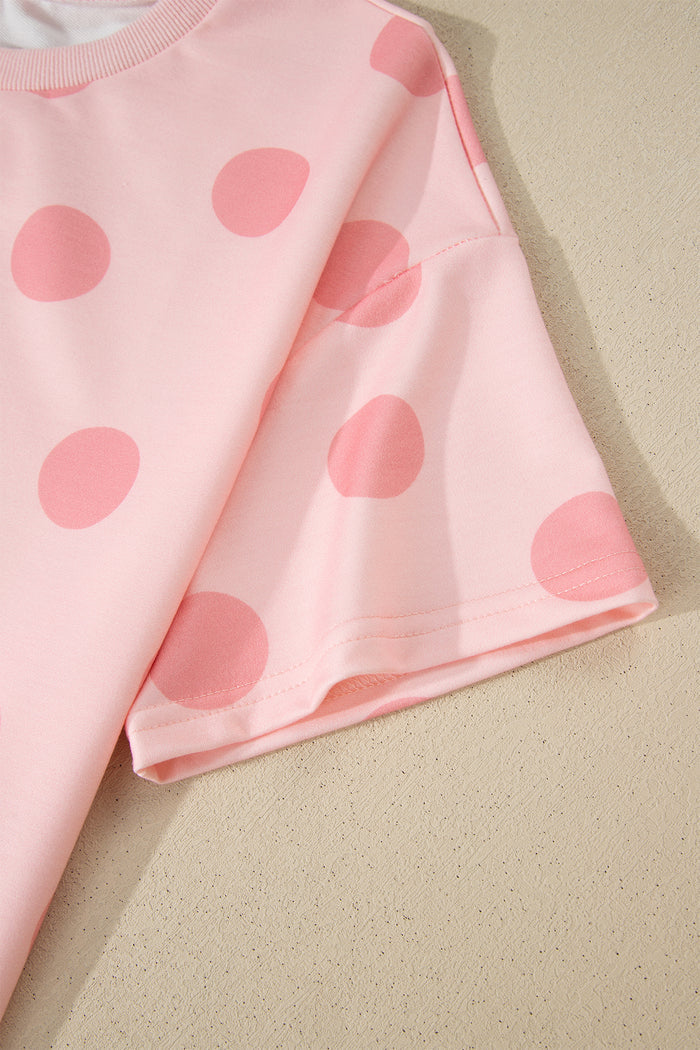 Pink Polka Dot Print Loose Tee Drawstring Elastic Waist Short Set 🇺🇸