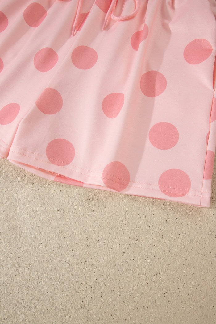 Pink Polka Dot Print Loose Tee Drawstring Elastic Waist Short Set 🇺🇸