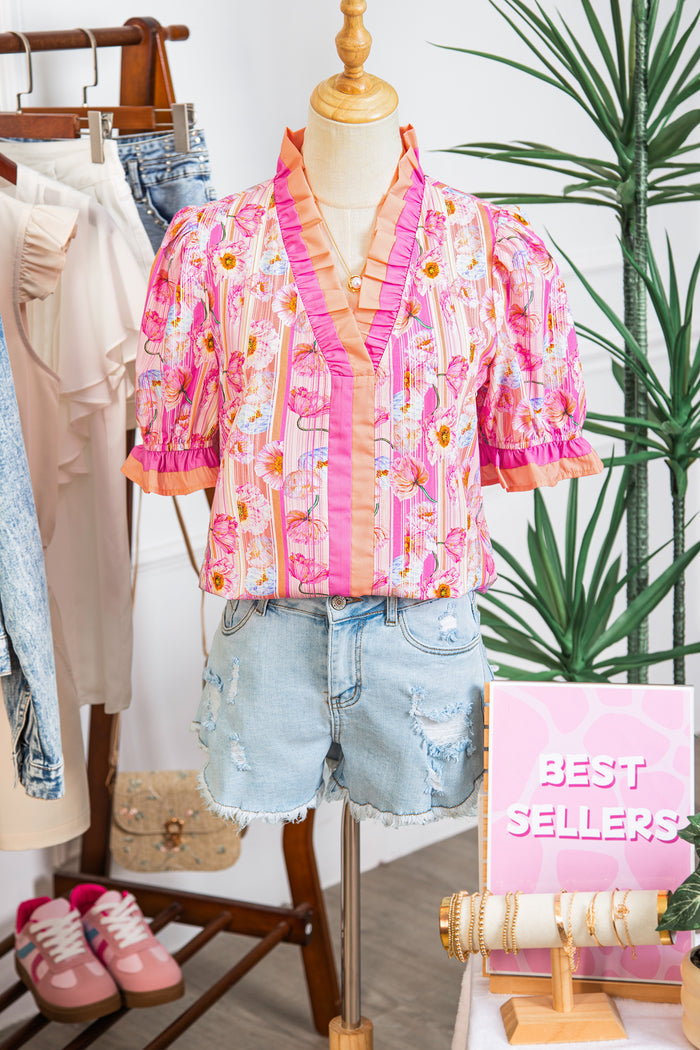 Pink Poppy Flower Striped Print Color Block Trim V Neck Short Sleeve Blouse 🇺🇸