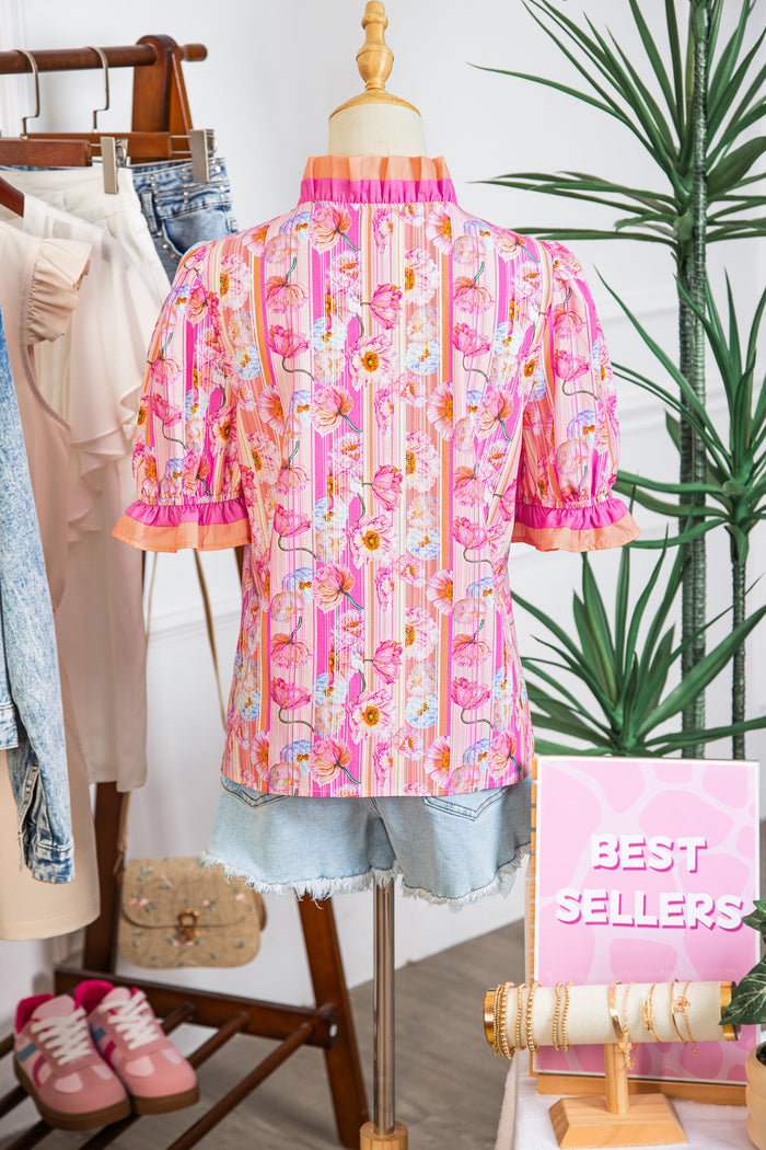 Pink Poppy Flower Striped Print Color Block Trim V Neck Short Sleeve Blouse 🇺🇸