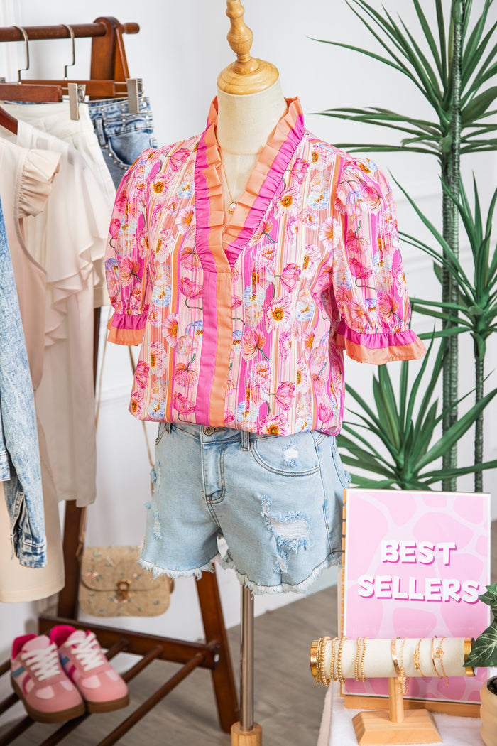 Pink Poppy Flower Striped Print Color Block Trim V Neck Short Sleeve Blouse 🇺🇸