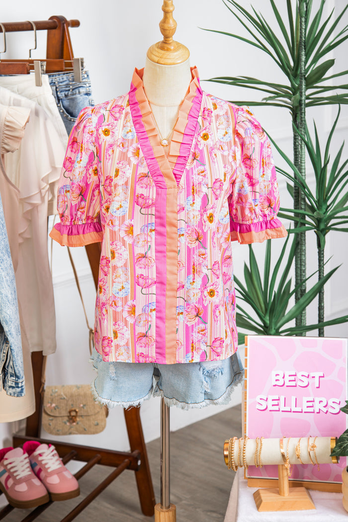 Pink Poppy Flower Striped Print Color Block Trim V Neck Short Sleeve Blouse 🇺🇸