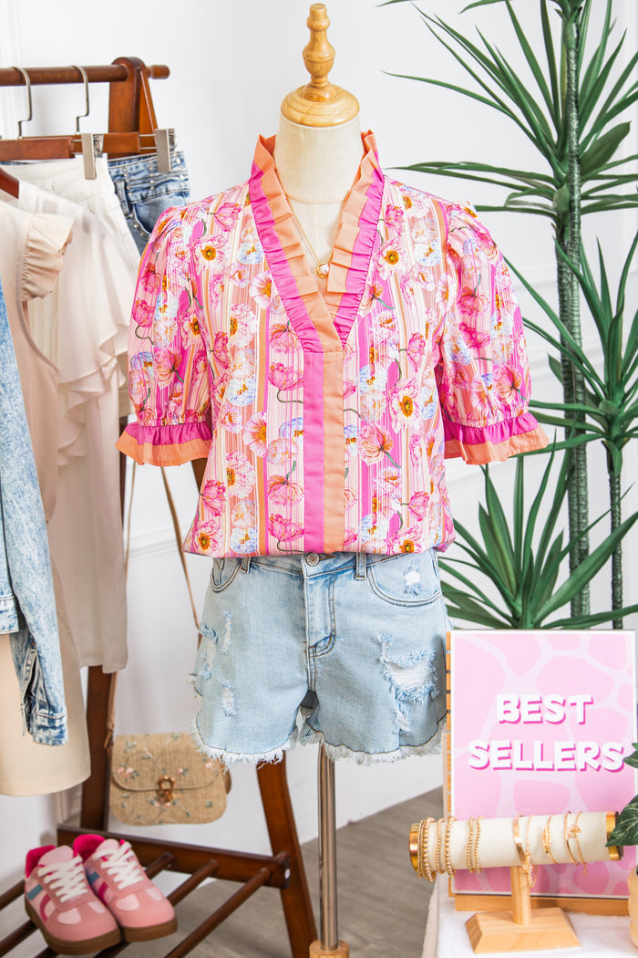 Pink Poppy Flower Striped Print Color Block Trim V Neck Short Sleeve Blouse 🇺🇸
