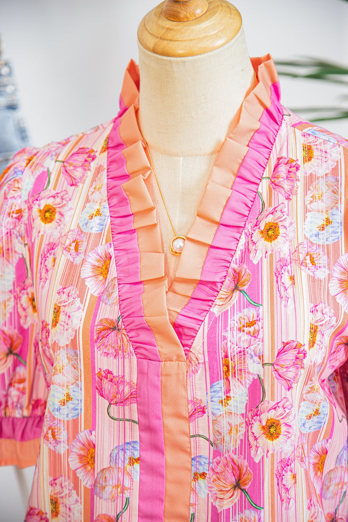 Pink Poppy Flower Striped Print Color Block Trim V Neck Short Sleeve Blouse 🇺🇸