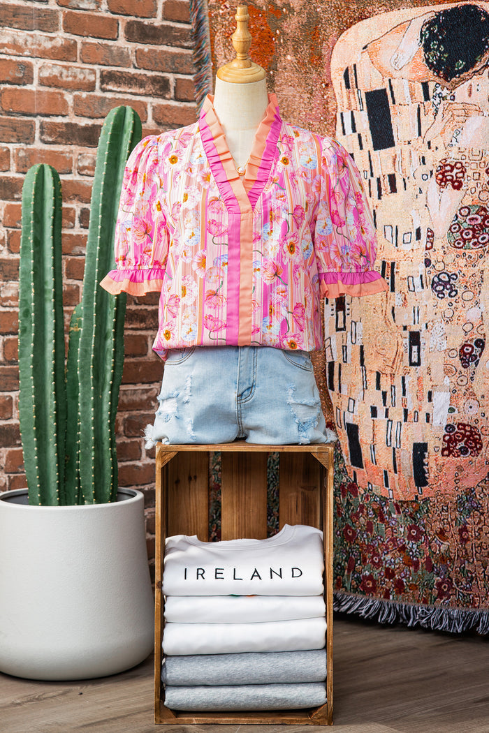 Pink Poppy Flower Striped Print Color Block Trim V Neck Short Sleeve Blouse 🇺🇸