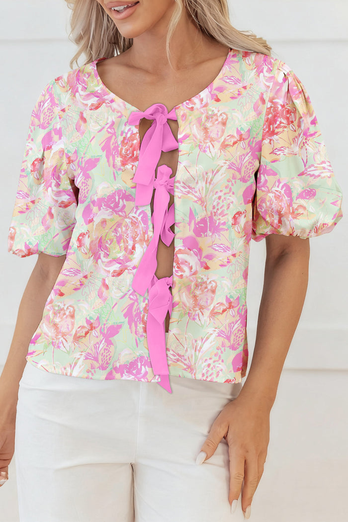 Pink Ribbon Knot Front Floral Short Puff Sleeve Blouse 🇺🇸