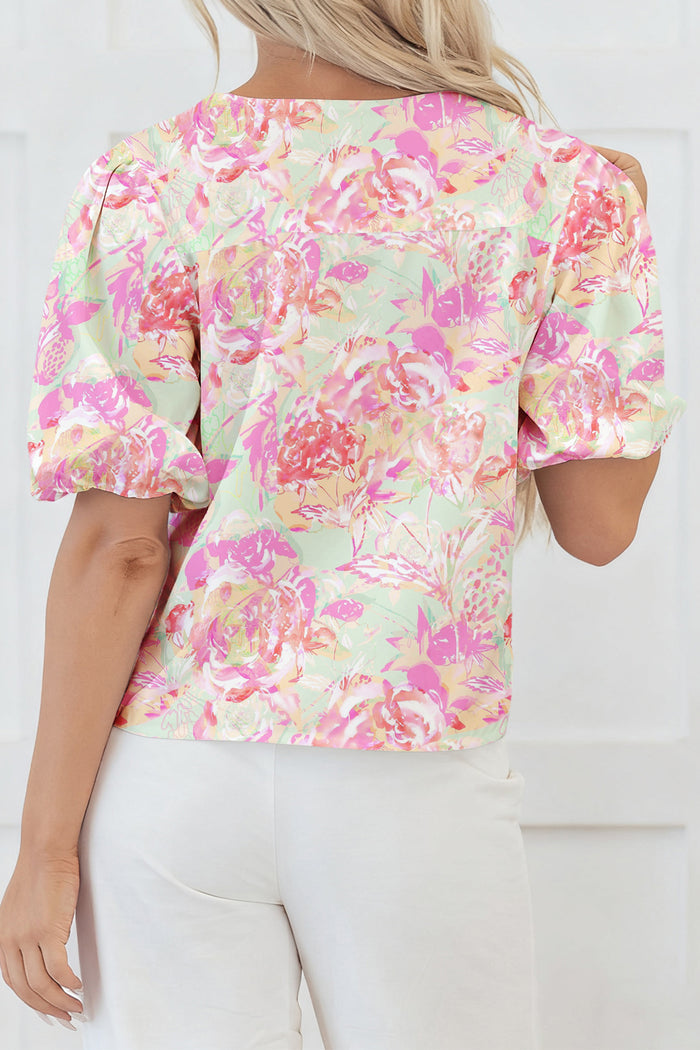 Pink Ribbon Knot Front Floral Short Puff Sleeve Blouse 🇺🇸
