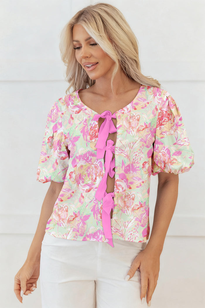 Pink Ribbon Knot Front Floral Short Puff Sleeve Blouse 🇺🇸